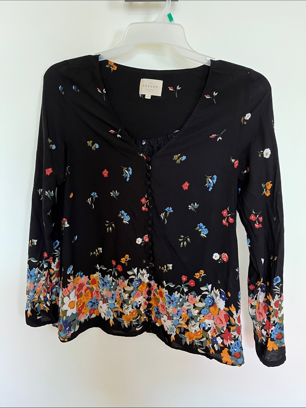 Sezane size 40 Black Floral Button-Down Blouse